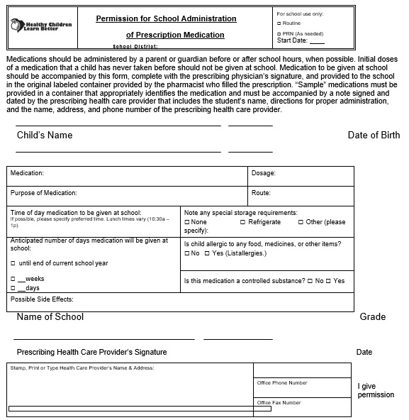 permission for school administration of prescription medication