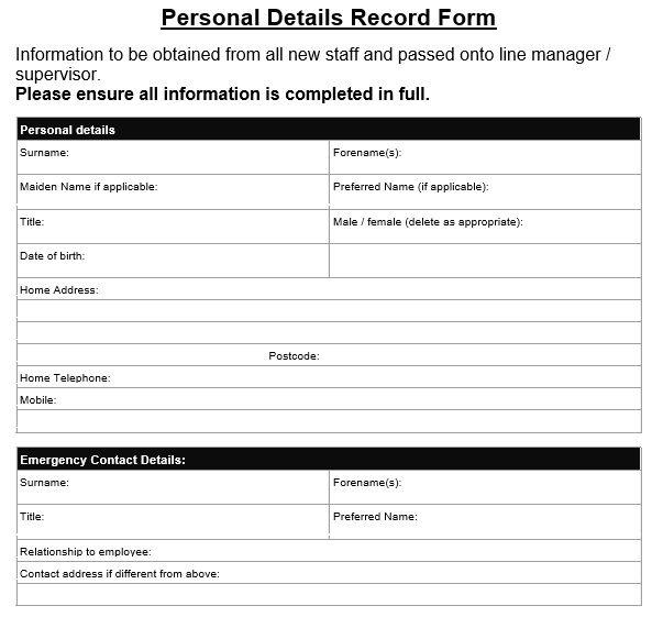 personal details record form