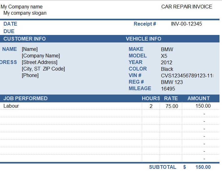 printable auto repair invoice template
