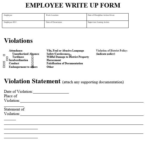 printable employee write up form