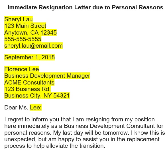 printable immediate resignation letter 1