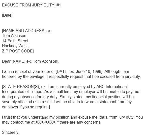 printable jury duty excuse letter