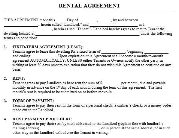 printable room rental agreement template