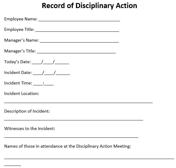 record of disciplinary action form template