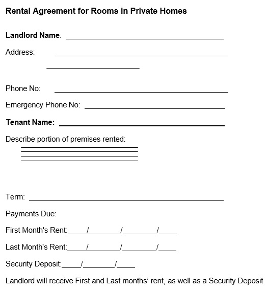 rental agreement for rooms in private homes