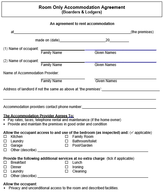 room only accommodation agreement template