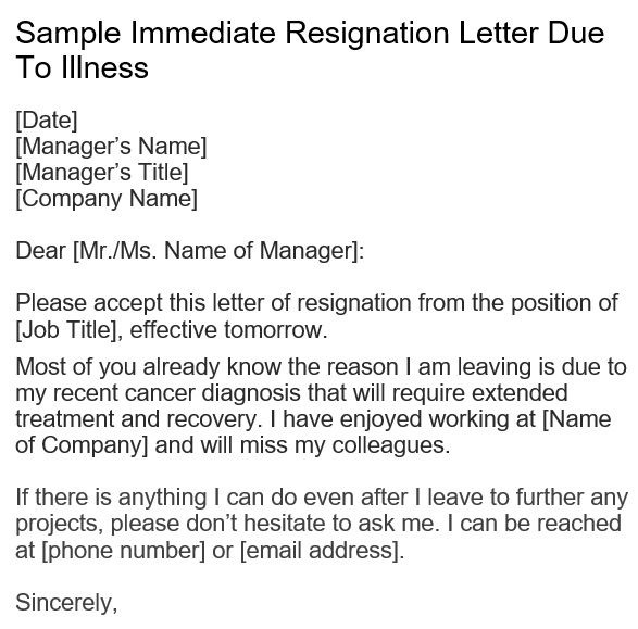 sample immediate resignation letter due to illness