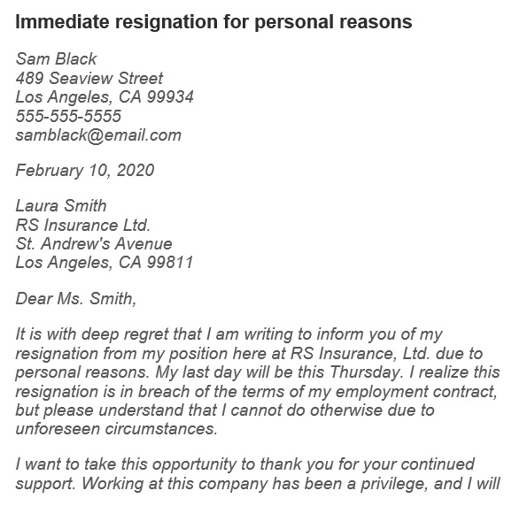 sample resignation letter due to personal reasons doc
