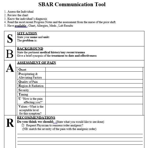sbar communication tool template