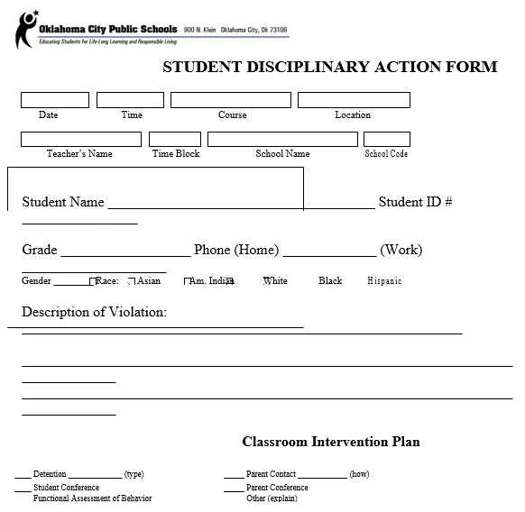 student disciplinary action form