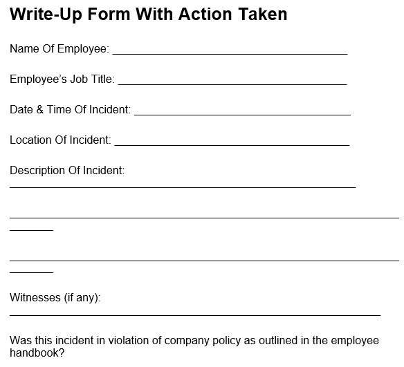 write up form with action taken