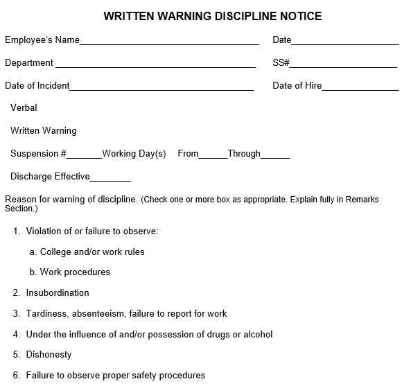 written warning discipline form