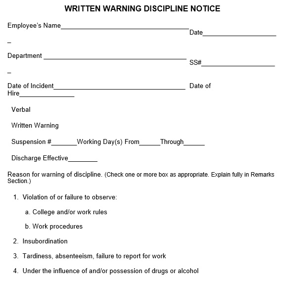 written warning discipline notice template