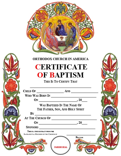 baptism certificate template for orthodox church in america