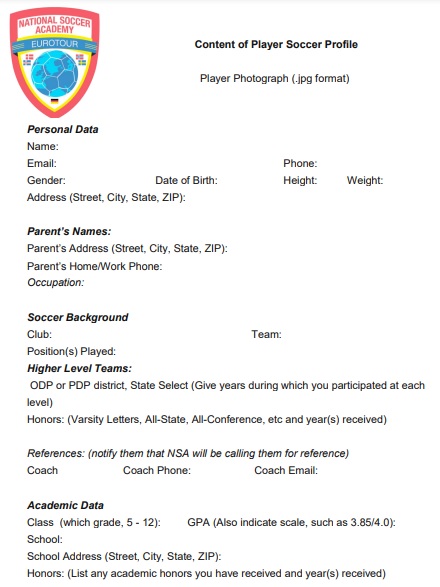 content of player soccer profile template
