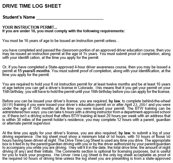 drive time log sheet