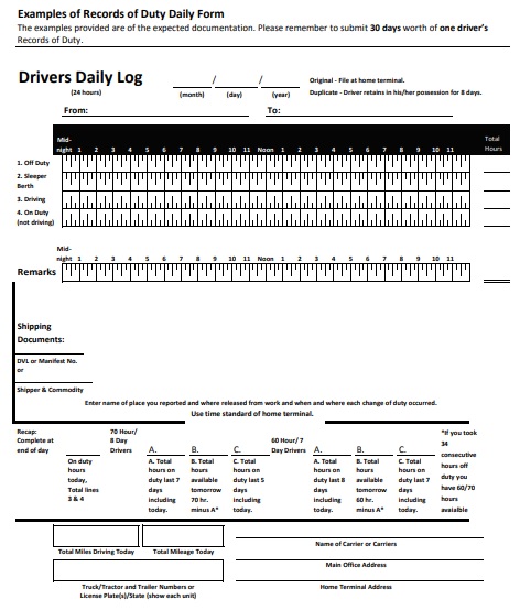 drivers daily log printable
