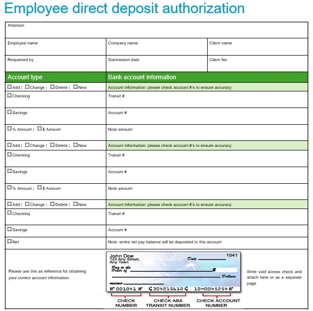 employee direct deposit authorization form