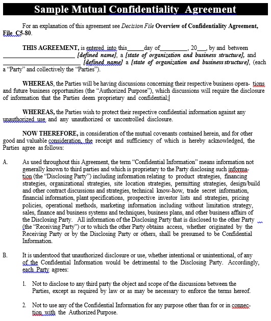 mutual confidentiality agreement template