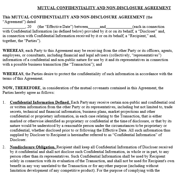 mutual confidentiality and non disclosure agreement template