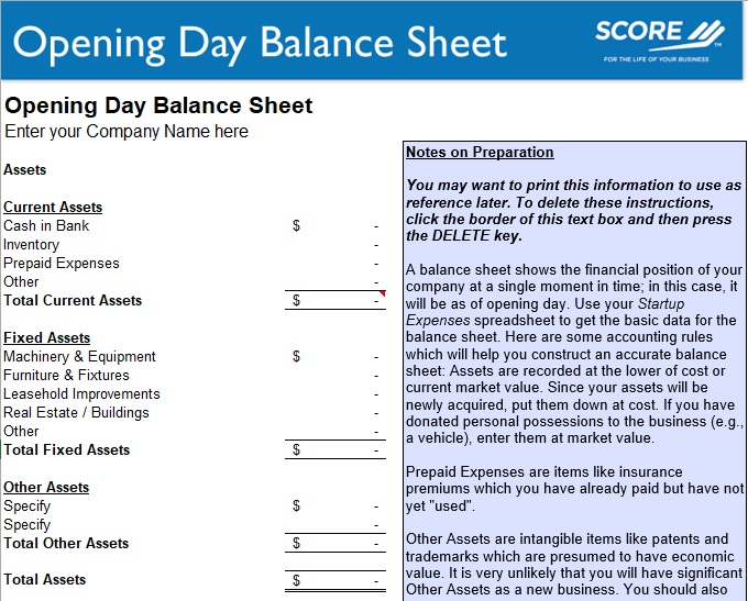 opening day balance sheet template