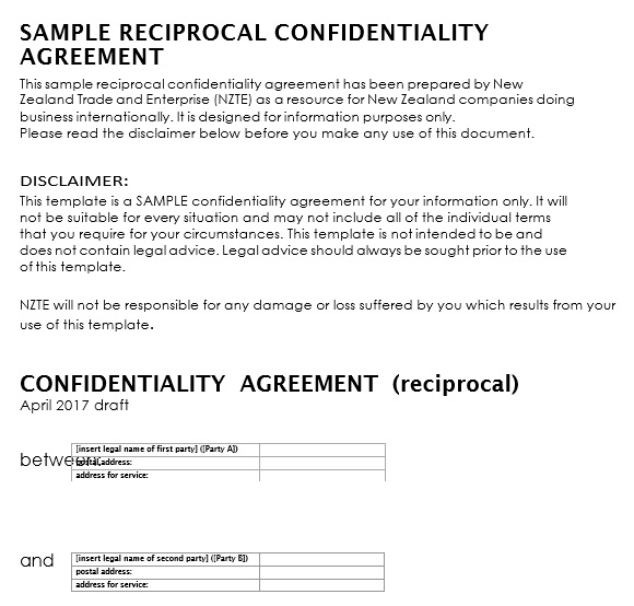 sample reciprocal confidentiality agreement