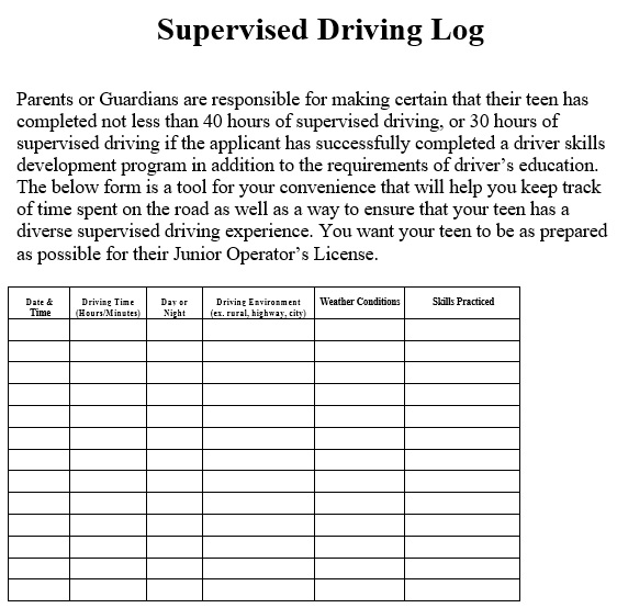 supervised driving log template