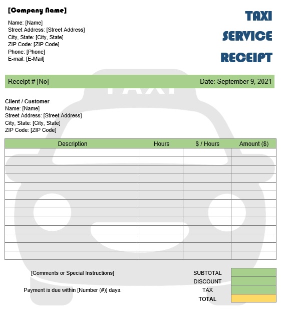 taxi service receipt template