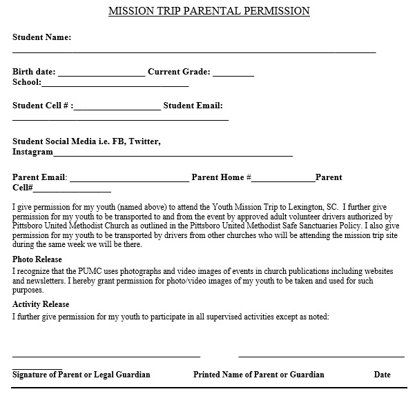 mission trip parental permission form
