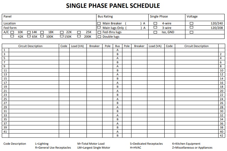 single phase electrical panel schedule template