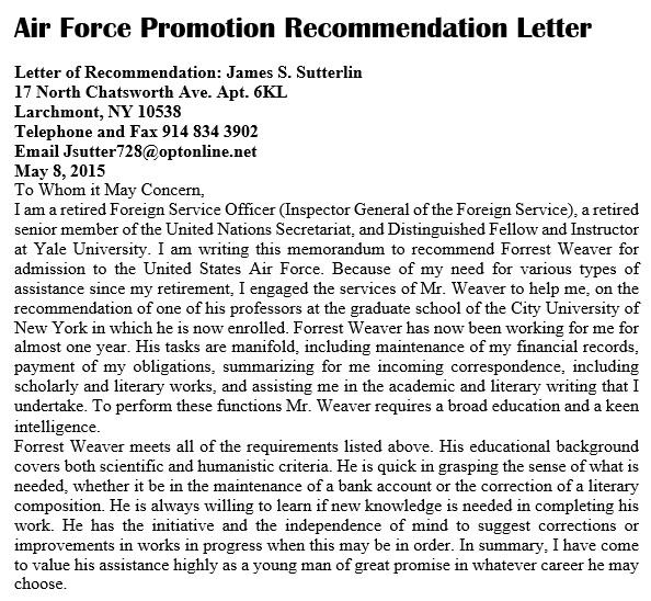 air force promotion recommendation letter