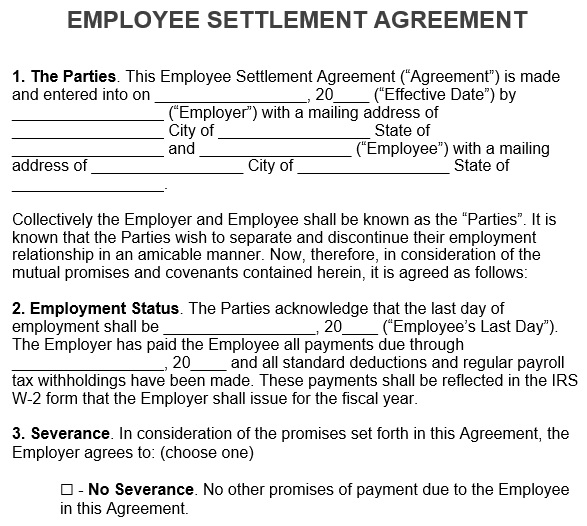 editable employee settlement agreement template