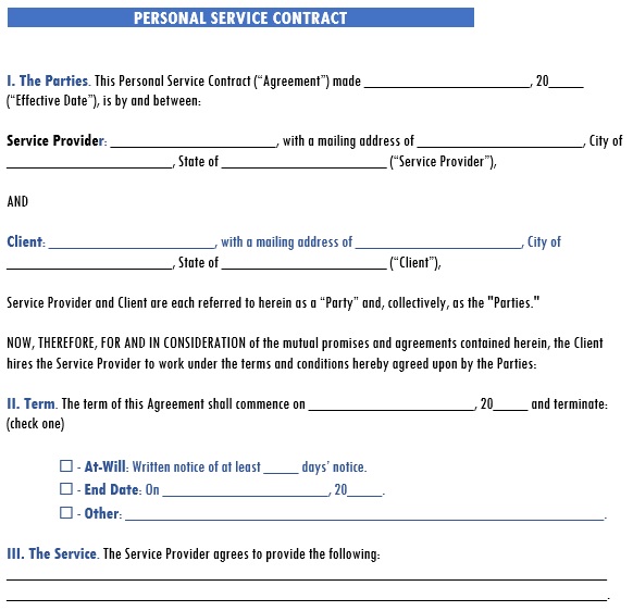 printable personal service contract template