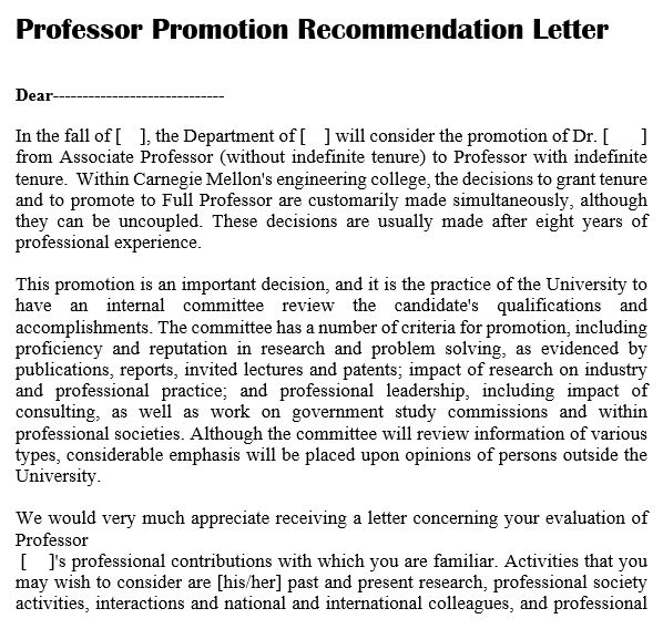 professor promotion recommendation letter