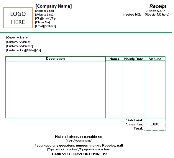 receipt for hourly rate template