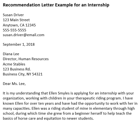recommendation letter example for an internship
