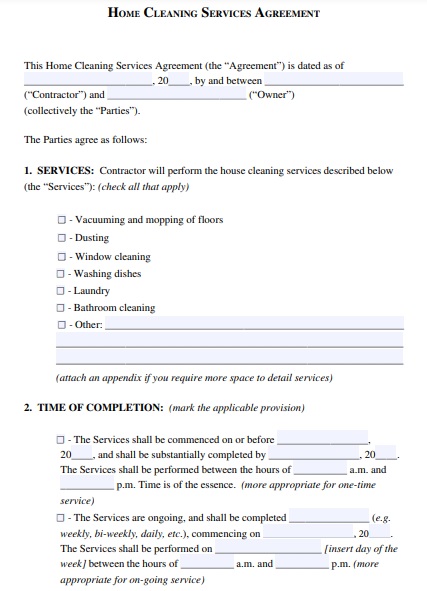 residential cleaning services contract template
