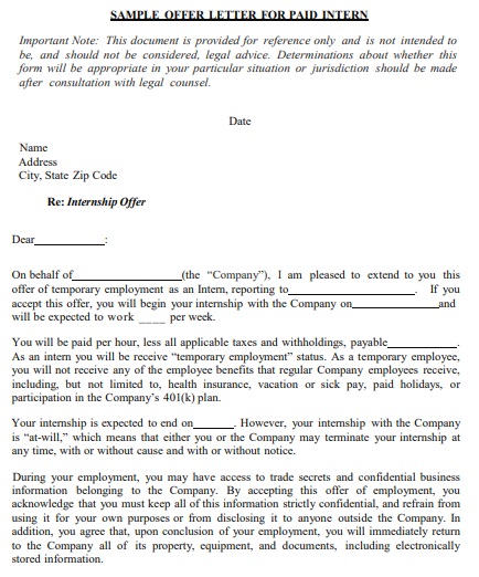 sample offer letter for paid internship