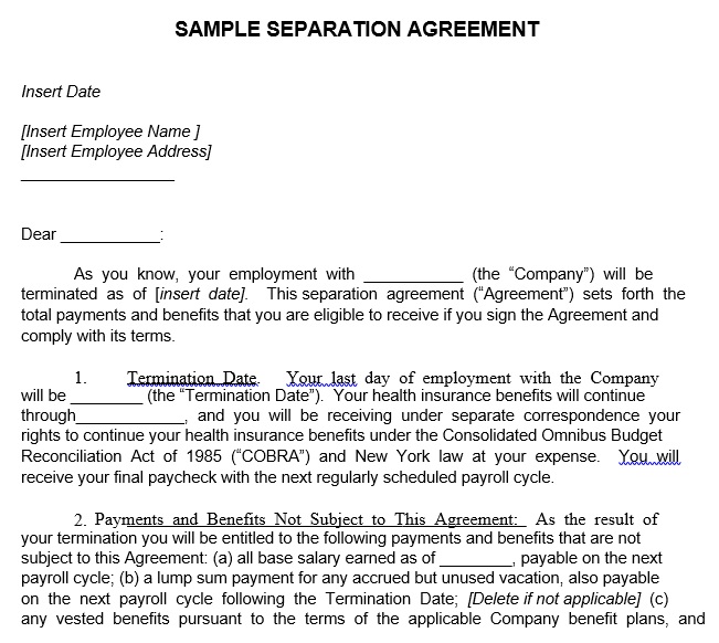 sample separation agreement template
