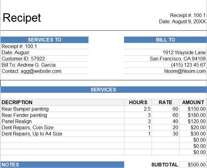 sample service receipt spreadsheet