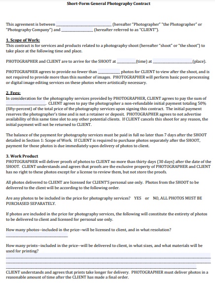 short form general photography contract template