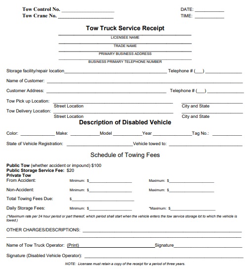 tow truck service receipt template