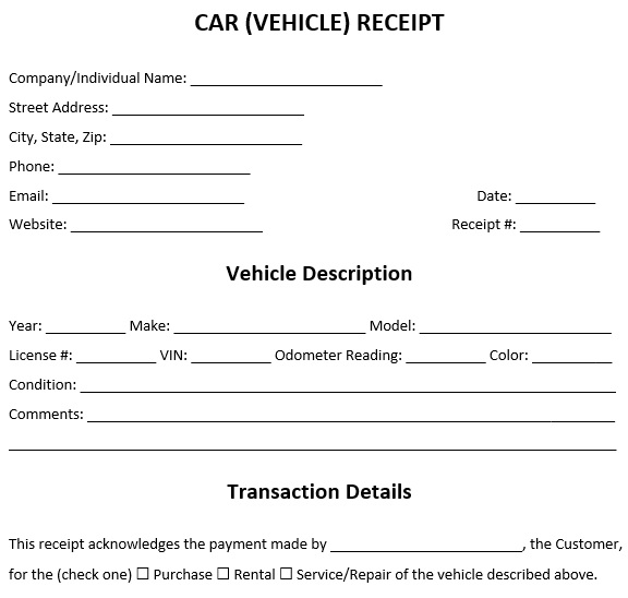 car vehicle receipt template