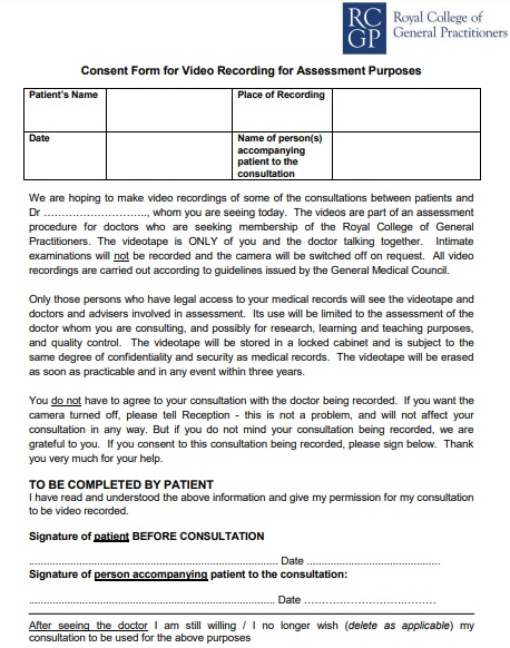 consent form for video recording for assessment purposes