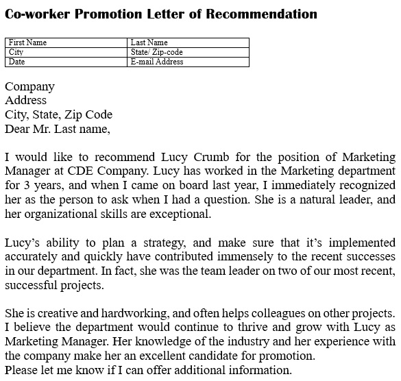 coworker promotion letter of recommendation