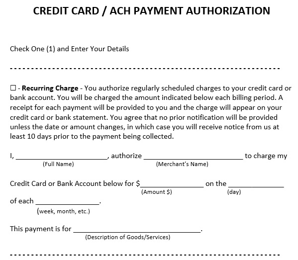 credit card ach payment authorization form