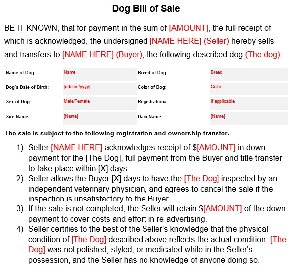 dog bill of sale form