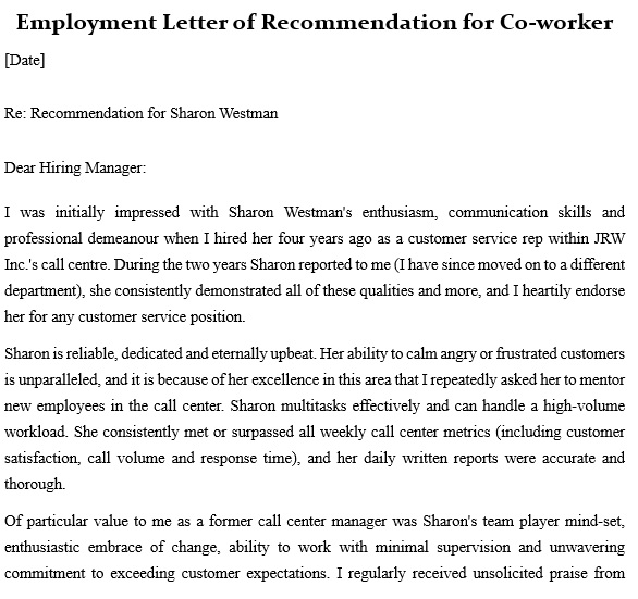 employment letter of recommendation for coworker