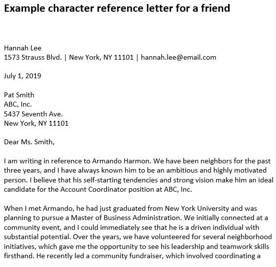 example character reference letter for a friend