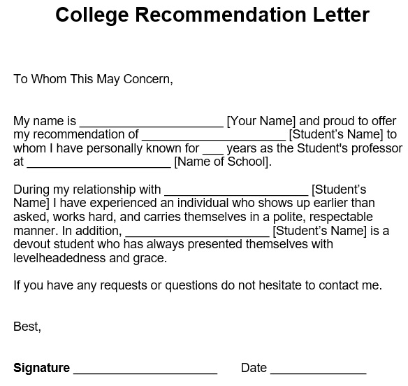 Sample College Recommendation Letter Templates (Word)